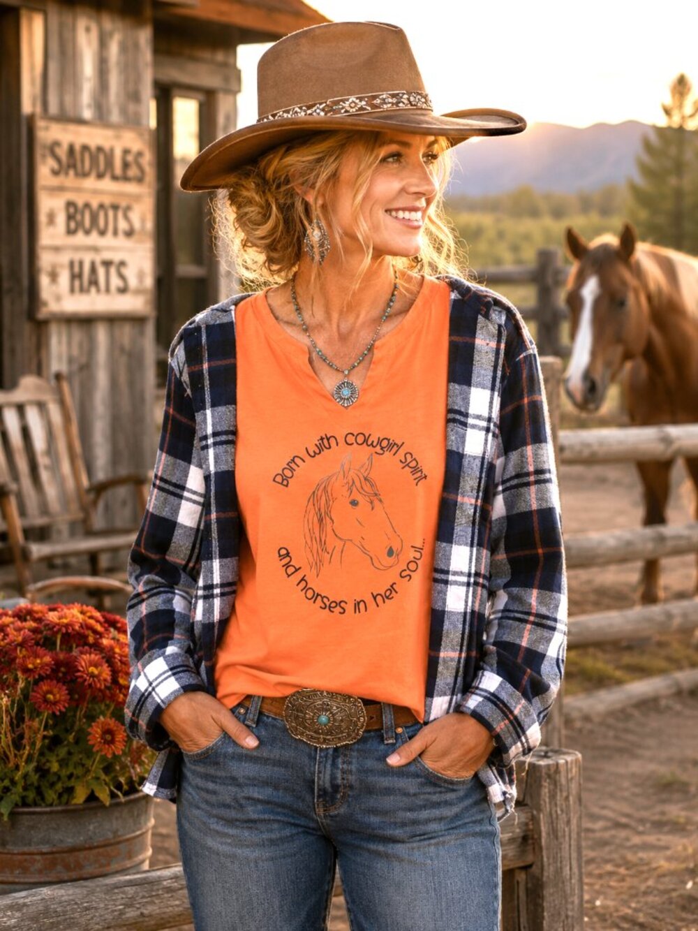 Upcycled Flannel Shirt Reworked Cowgirl Horse Graphic Orange Tee Size M - L
